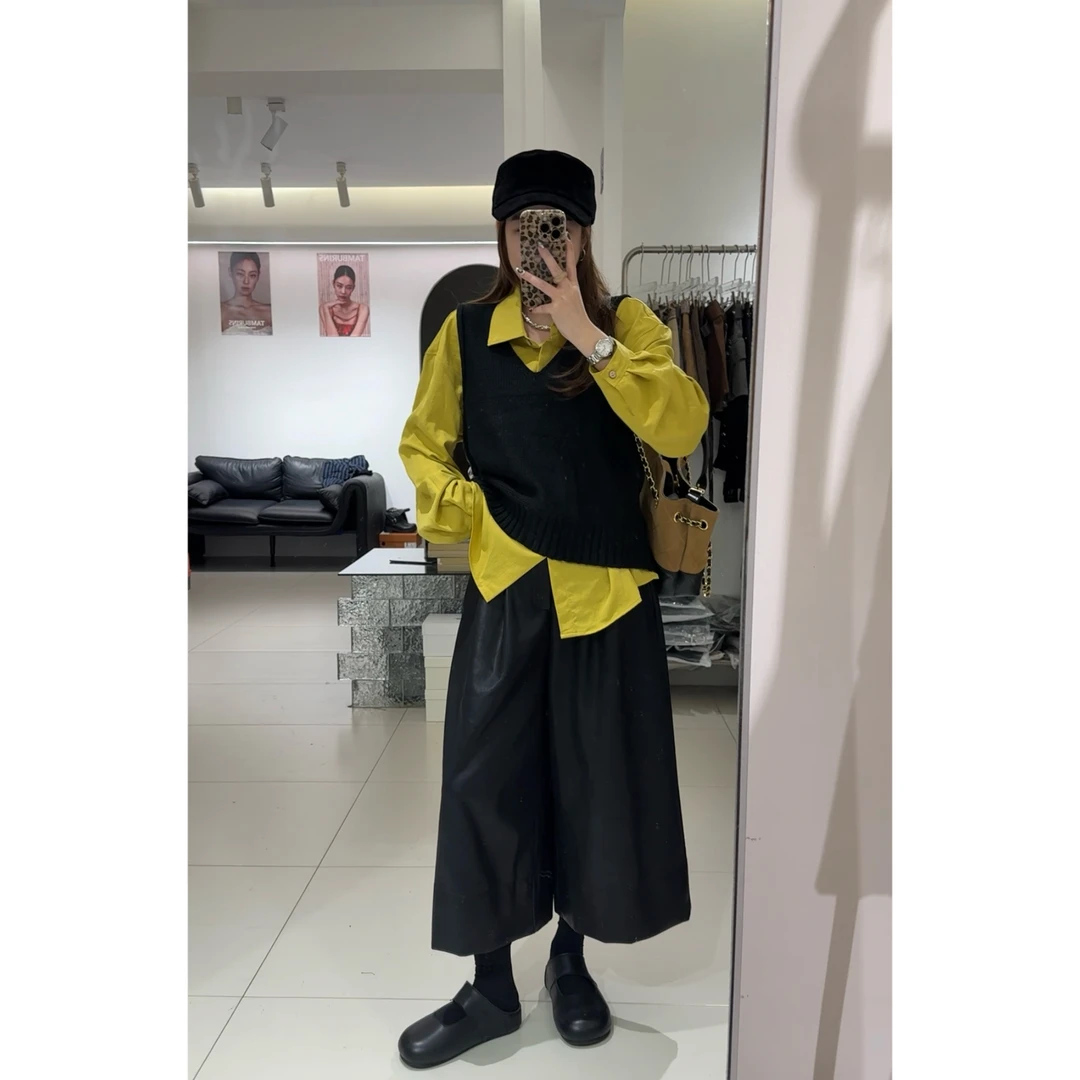【小个家】“黄色枫叶”黑色马甲姜黄色衬衫两件套