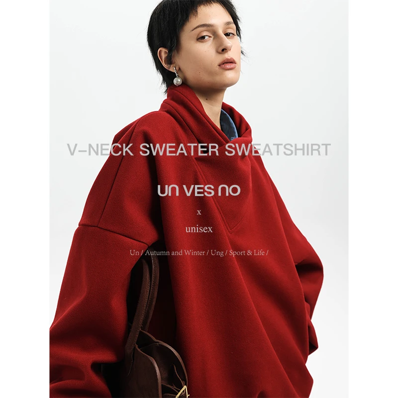 Unvesno(UN)700G毛呢抗皱挺括极简百搭套头V字包裹结构呢绒卫衣