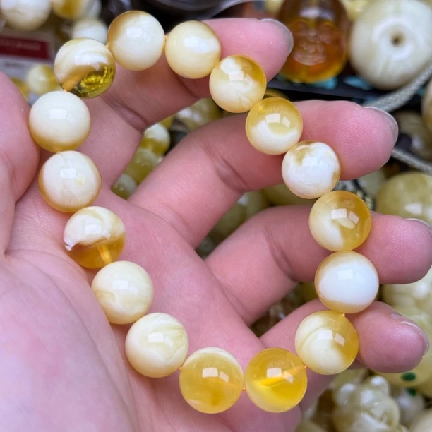 12mm俄料国矿一级料浓瓷白妖孽虎皮纹千层雪橘底金溶洞蜜蜡圆珠