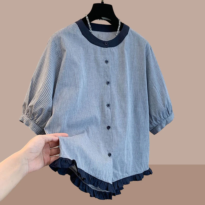高级感减龄木耳边撞色条纹短袖衬衫夏季时尚新款法式气质小衫上衣