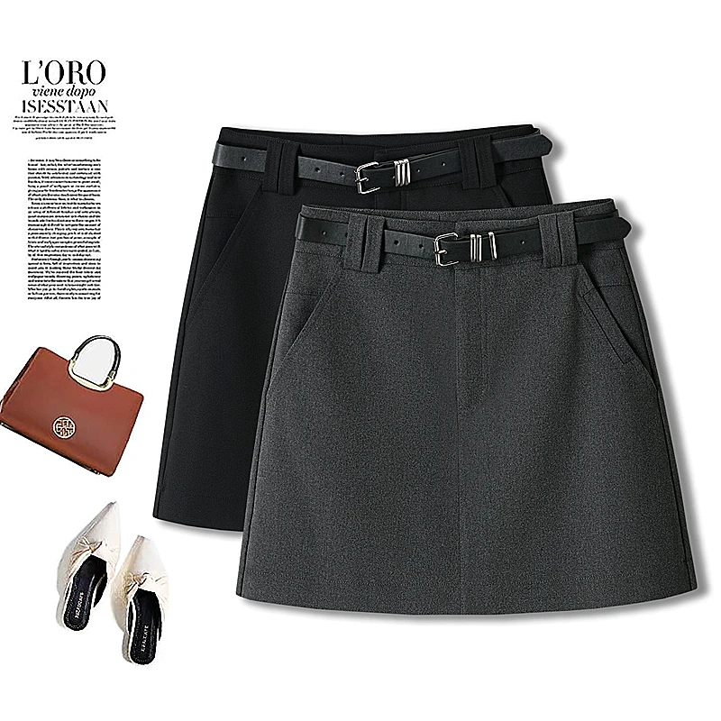 高腰休闲毛呢半身裙女2025秋冬新款网红外穿靴裙简约A字包臀裙