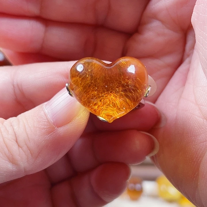 九***鹿琥珀银S925镶嵌裸石戒指