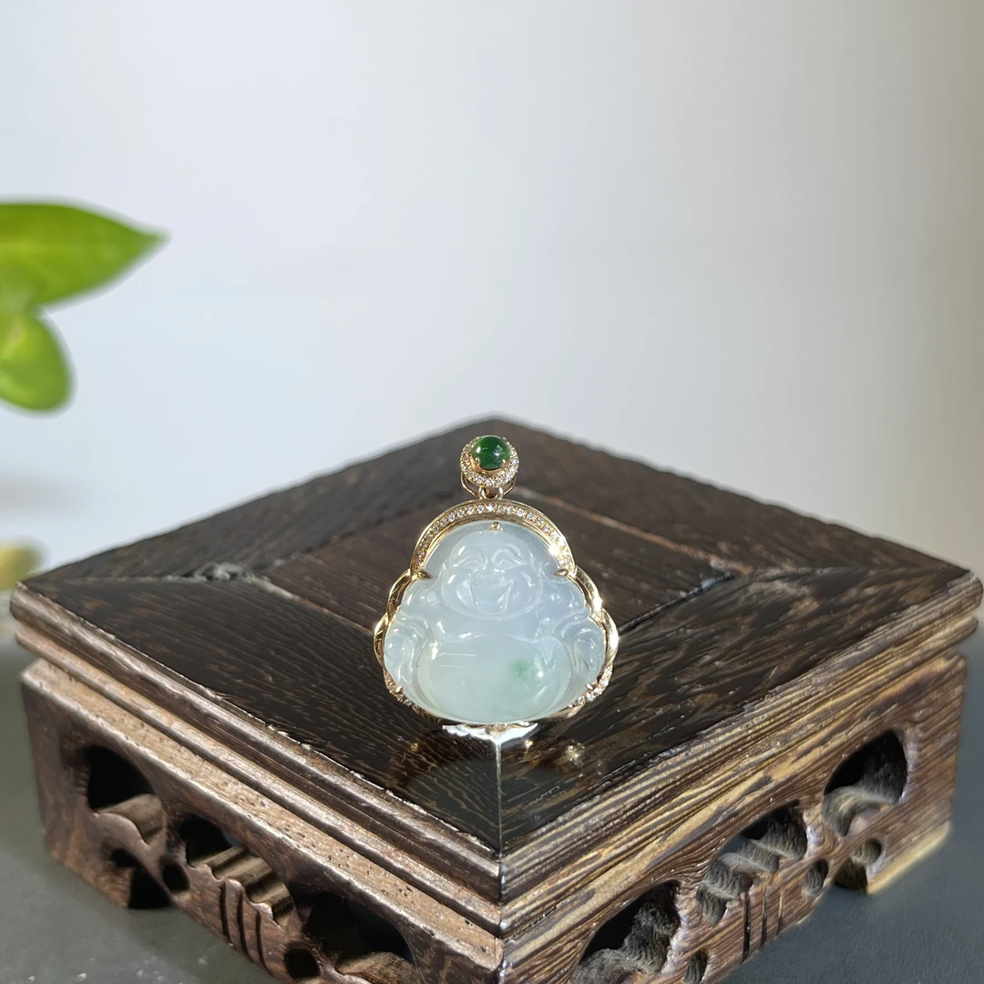 JCA22-157  天然缅甸A货翡翠  18K含钻镶嵌佛公