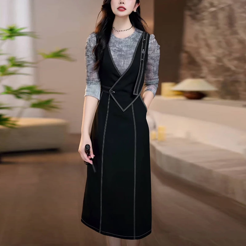 温婉大方裙子女款爆款2025新款高级感洋气质修身显瘦假两件连衣裙
