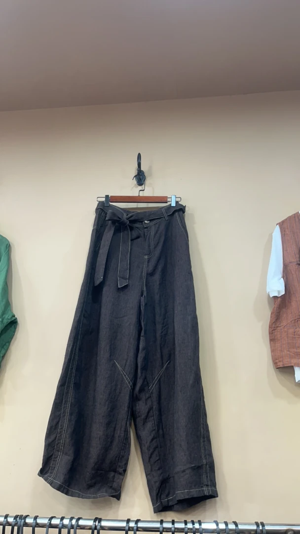 色织雨露麻高品腰带慵懒休闲阔腿长裤春夏新款