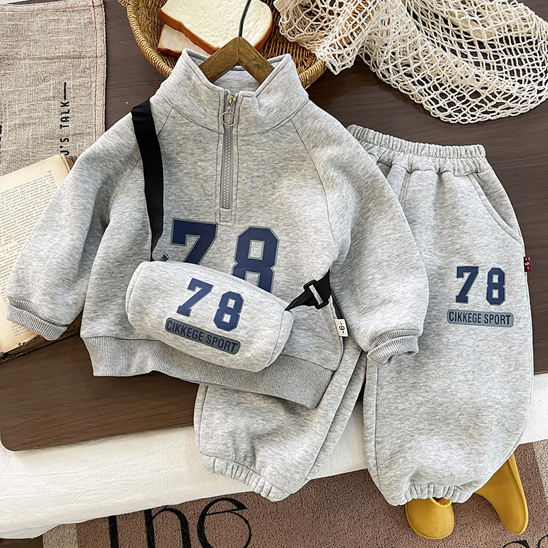 男童秋冬季加绒套装洋气韩版婴儿童男宝宝冬装加厚卫衣两件套童装