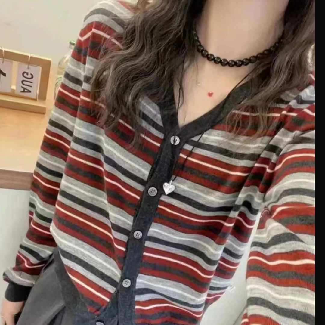 早秋拼色女v法式外套条纹针织长袖开衫4515