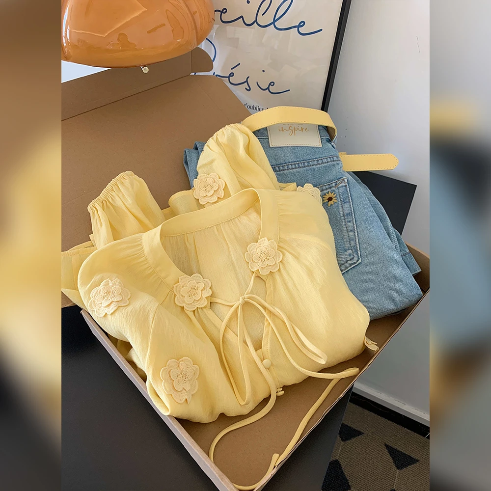 黄色系带立体绣花长袖衬衣衬衫女2025早秋季高级感chic别致上衣