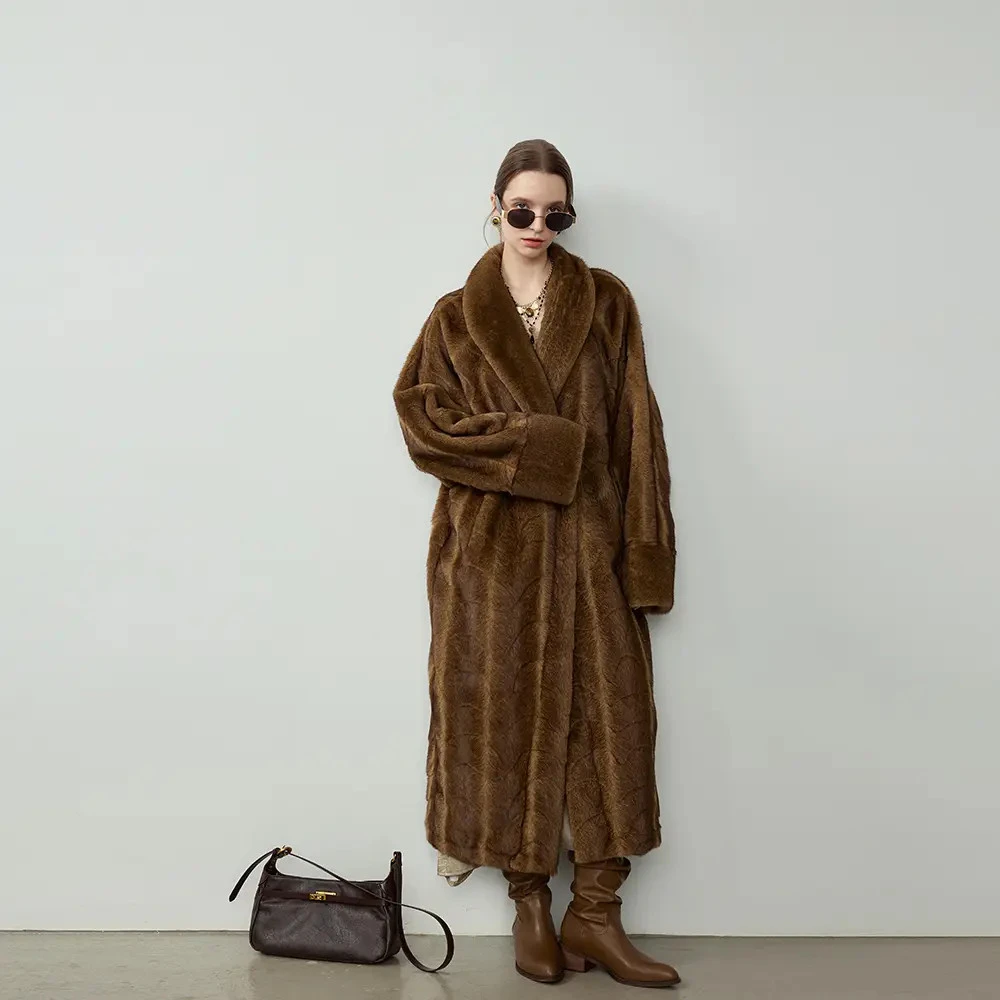 人造皮草 气质皮草一体显瘦外套中古风长款毛毛人造皮草大衣宽松