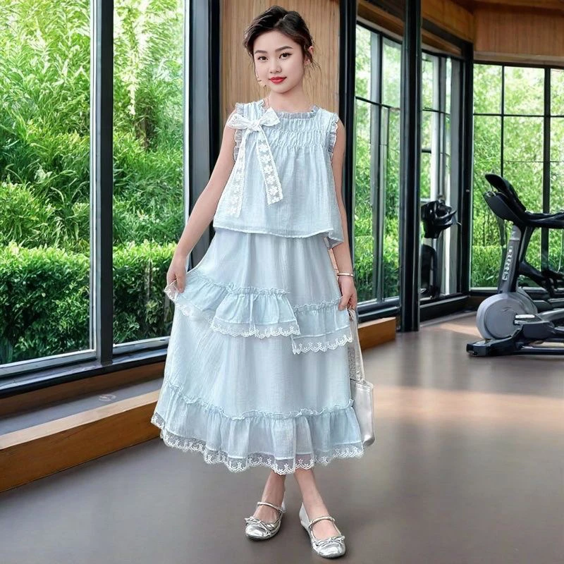 女童套装裙夏季2025新款洋气连衣裙时髦女大童无袖上衣裙子两件套