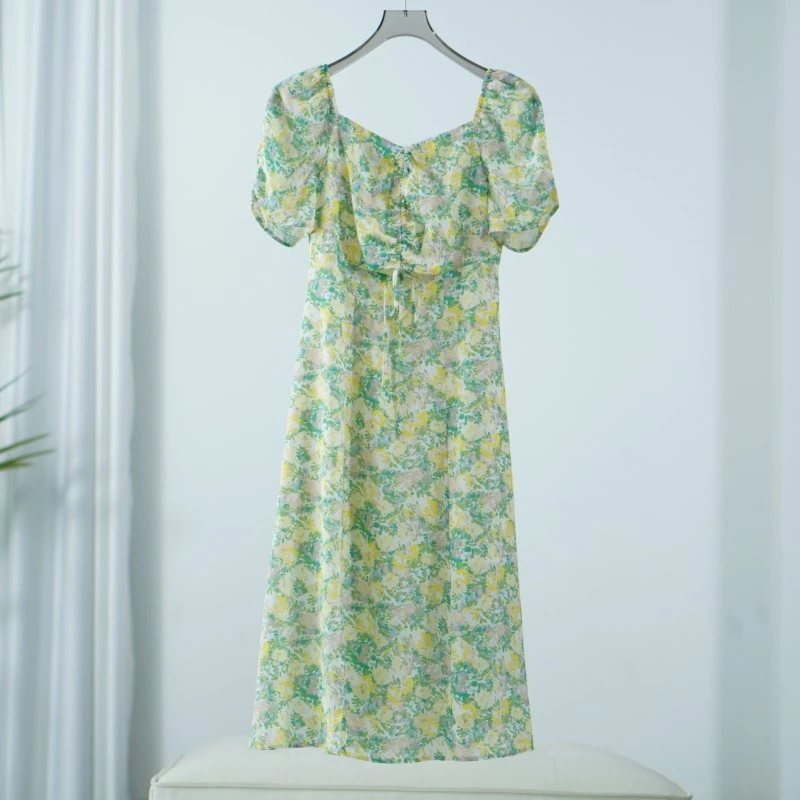 【三C・伊】S678-5  女装夏季方领碎花连衣裙绿色Y22310033L20