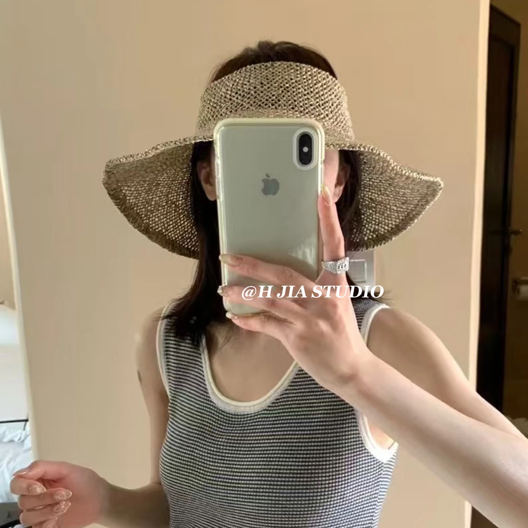 手工编织咸草镂空草编空顶帽女夏度假高级感大帽檐可折叠遮阳草帽