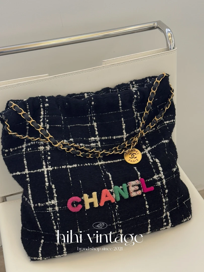 99新 Chanel/香奈儿 彩色字母毛呢中号22bag 芯片款14963967