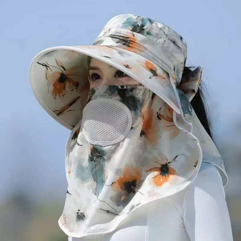 夏季新款防晒遮阳帽面罩一体防紫外线太阳帽户外骑车防晒采茶帽女