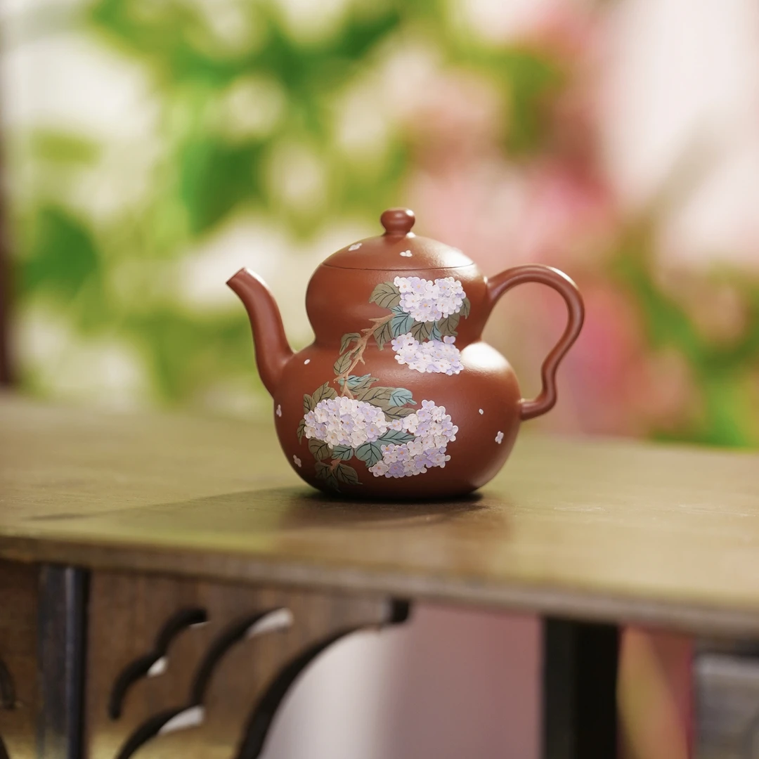 【亦缶】朱泥-全手工泥绘绣球花福禄紫砂壶150ml