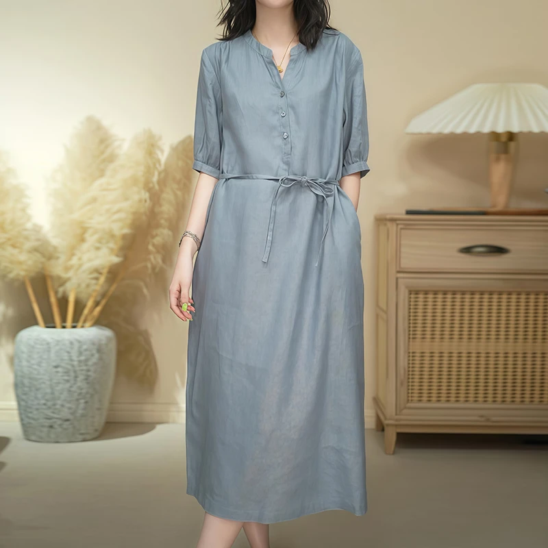 小众短袖收腰系带遮肉连衣裙女士2025年夏季新款韩系设计感裙子潮