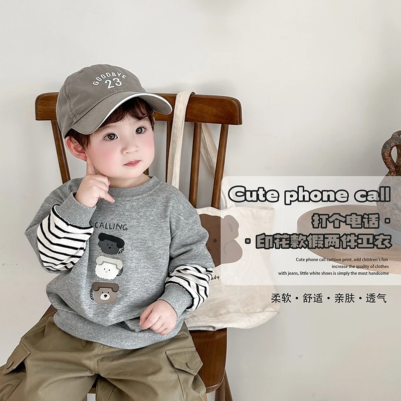 阿小轩【打个电话】2025秋季新品儿童卡通印花假两件卫衣男童长袖