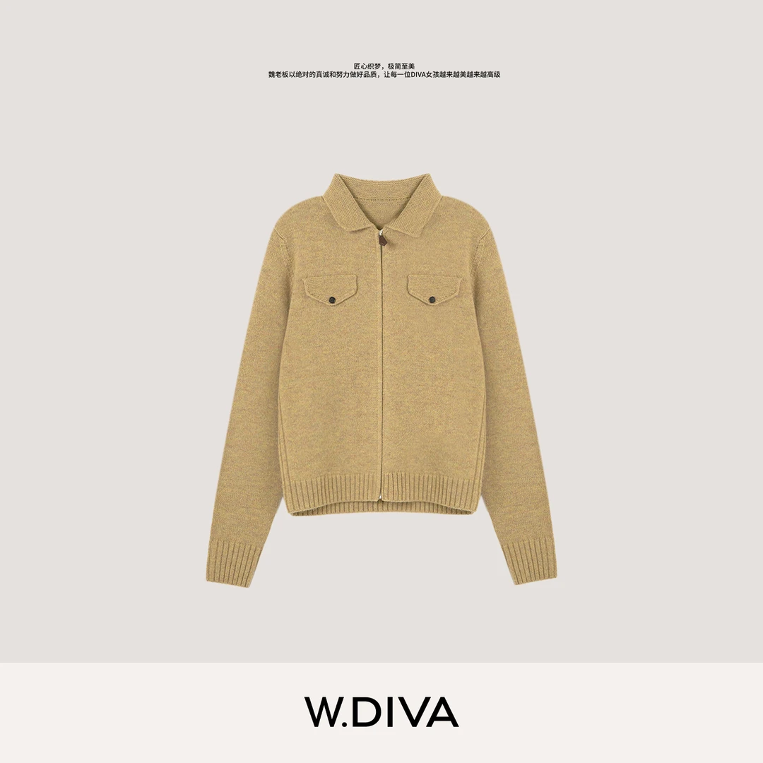 W.Diva【经典隽永】老钱风高定翻领羊毛羊绒针织开衫外套54Z153214