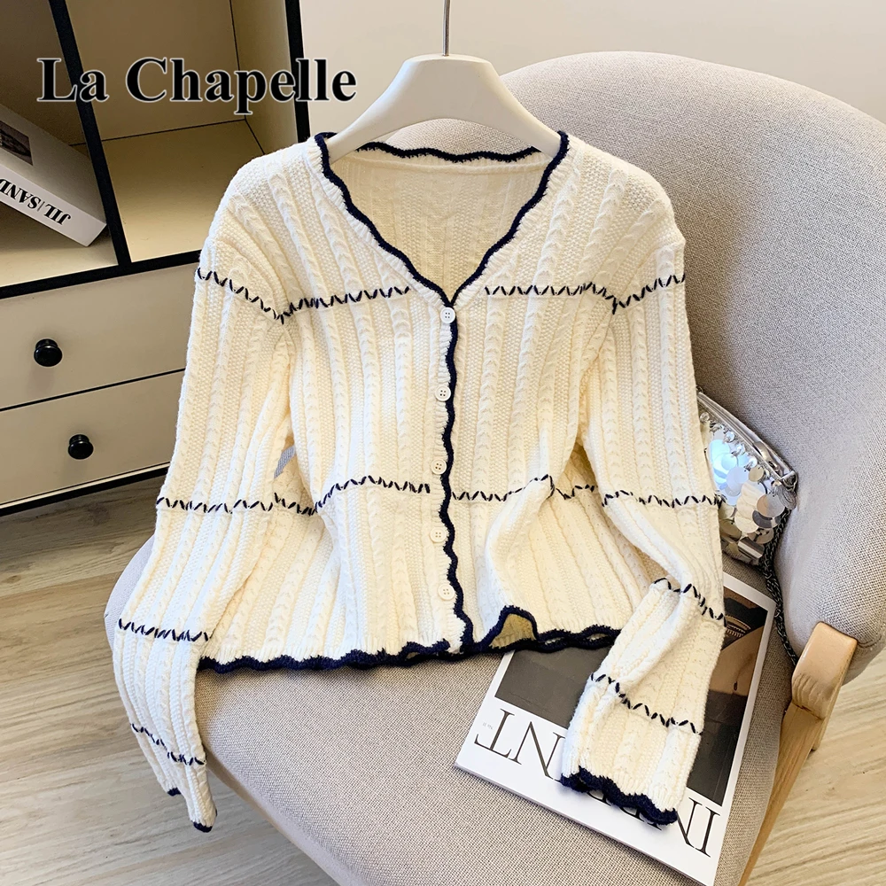 拉夏贝尔条纹v领长袖针织毛衣开衫外套2025新款时尚洋气百搭女装