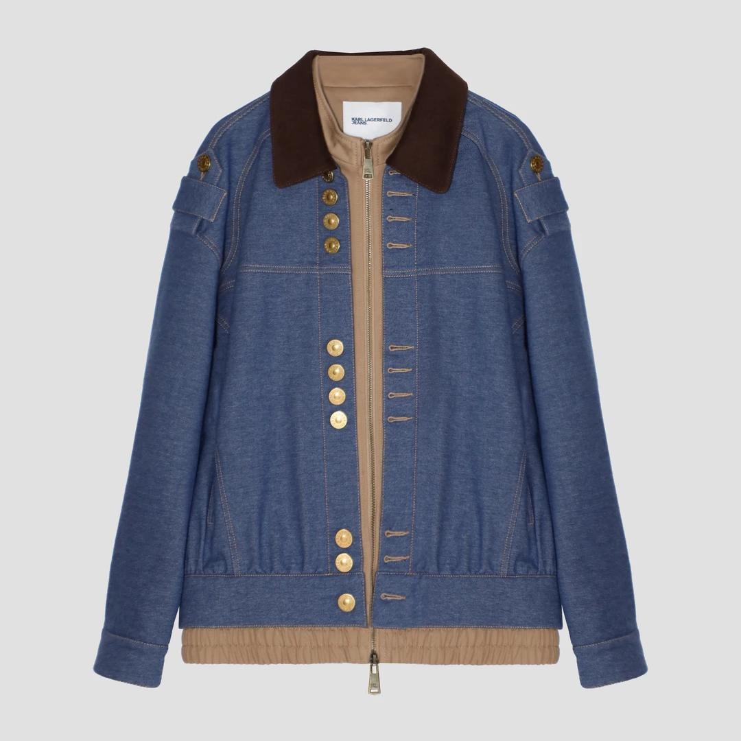 设计款复古撞色拼接翻领金扣拉链外套DLLFY053