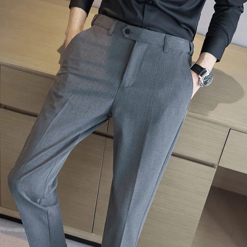 断码少量-松紧腰男士商务修身直筒垂坠灰色免烫西装休闲西裤