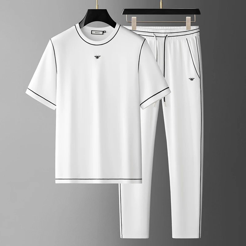 2025新款夏季透气莫代尔速干冰丝t恤两件套高弹力运动休闲套装男