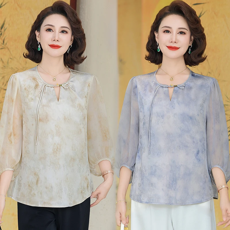 中年妈妈小衫夏装高贵新中式T恤衫50岁减龄中老年舒适国风雪纺衫