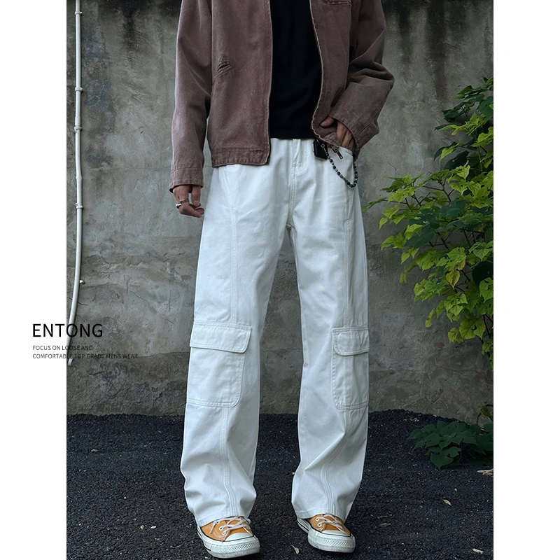 Entong美式潮牌解构牛仔裤男款白色多口袋直筒工装裤百搭休闲裤子