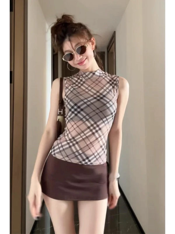 夏季纯欲辣妹半高领微透格子修身短款无袖背心女