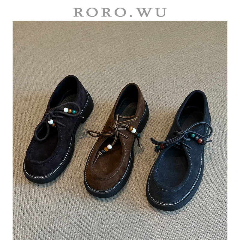 娆娆吴·牛反绒休闲减龄日常系带珠串袋鼠鞋深口舒适百搭单鞋A94