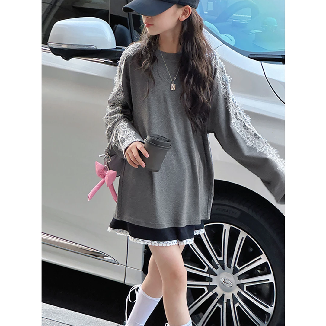 K29434孙小美蕾丝边女童长袖T恤秋装新款儿童上衣春秋打底衫