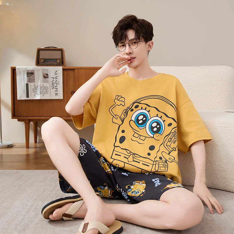 男士睡衣夏季短袖纯棉薄款卡通青少年学生夏天大码新款家居服套装