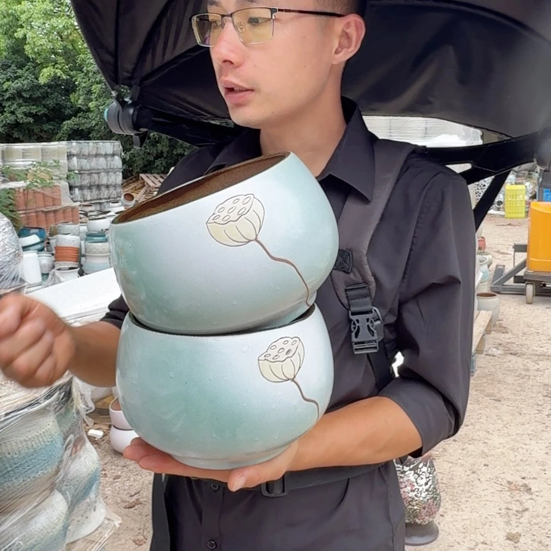 紫砂花盆口19高15两个天青莲子拼