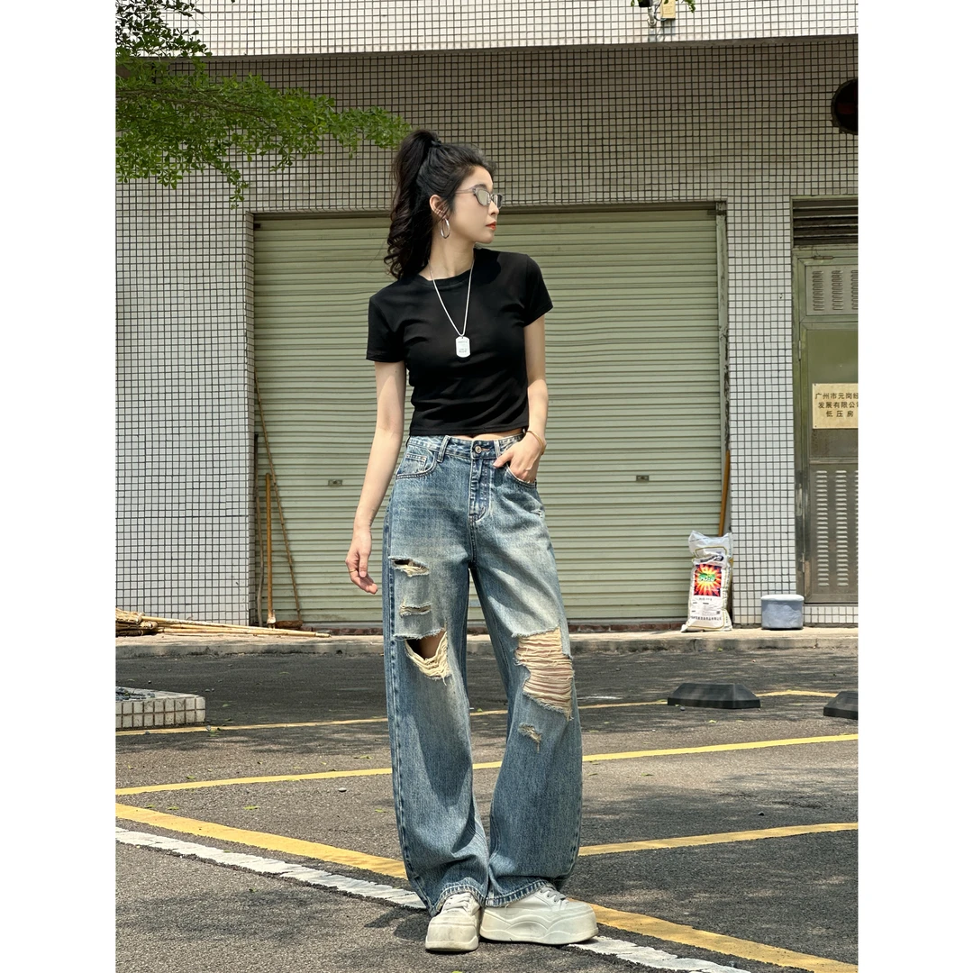 HT11065-蓝【N5专享】夏季薄款上新休闲时尚破洞中高腰弯刀堆堆裤