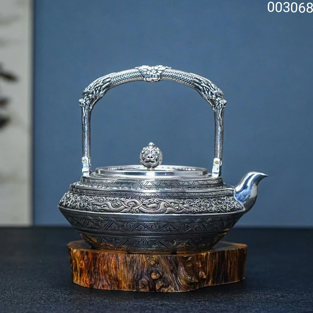 【慕雨手作】纯手工一张打满工錾刻双龙烧水壶家用银壶足银999银茶
