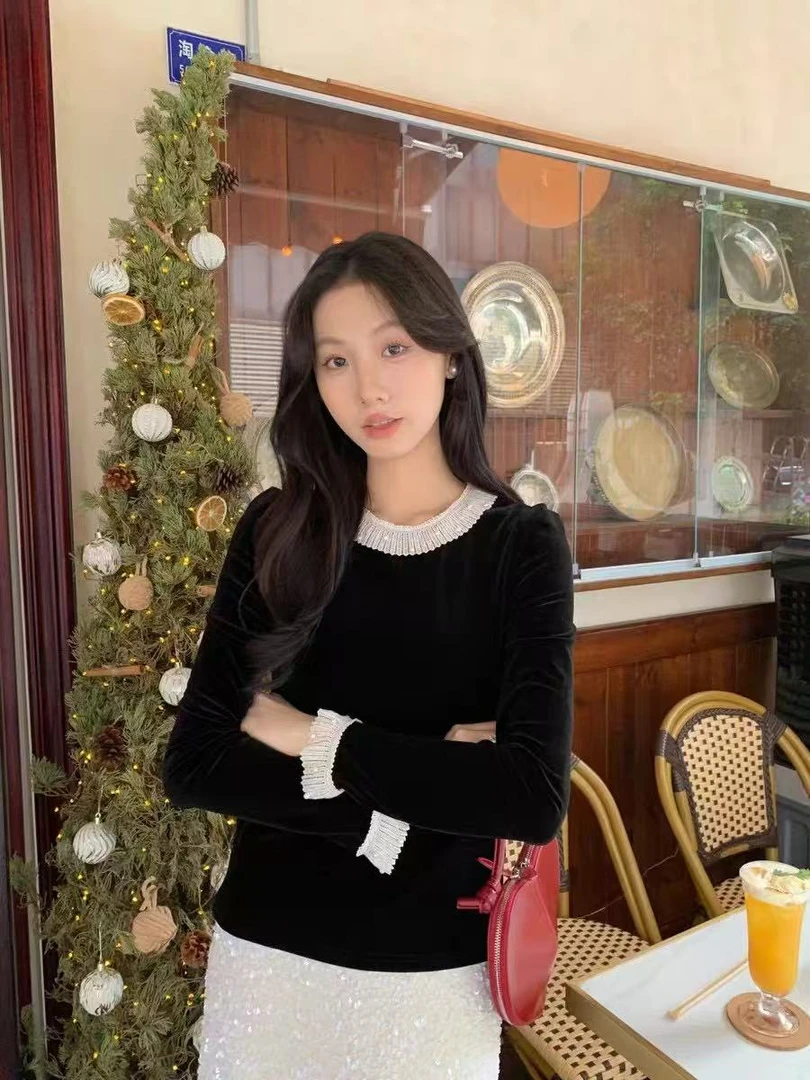 复古法式丝绒衬衫钉珠花边套头小衫上衣女