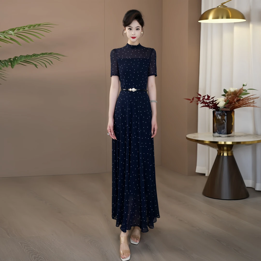 藏蓝色波点连衣裙优雅显瘦2025夏新款高质感莱赛尔乔其纱长裙131