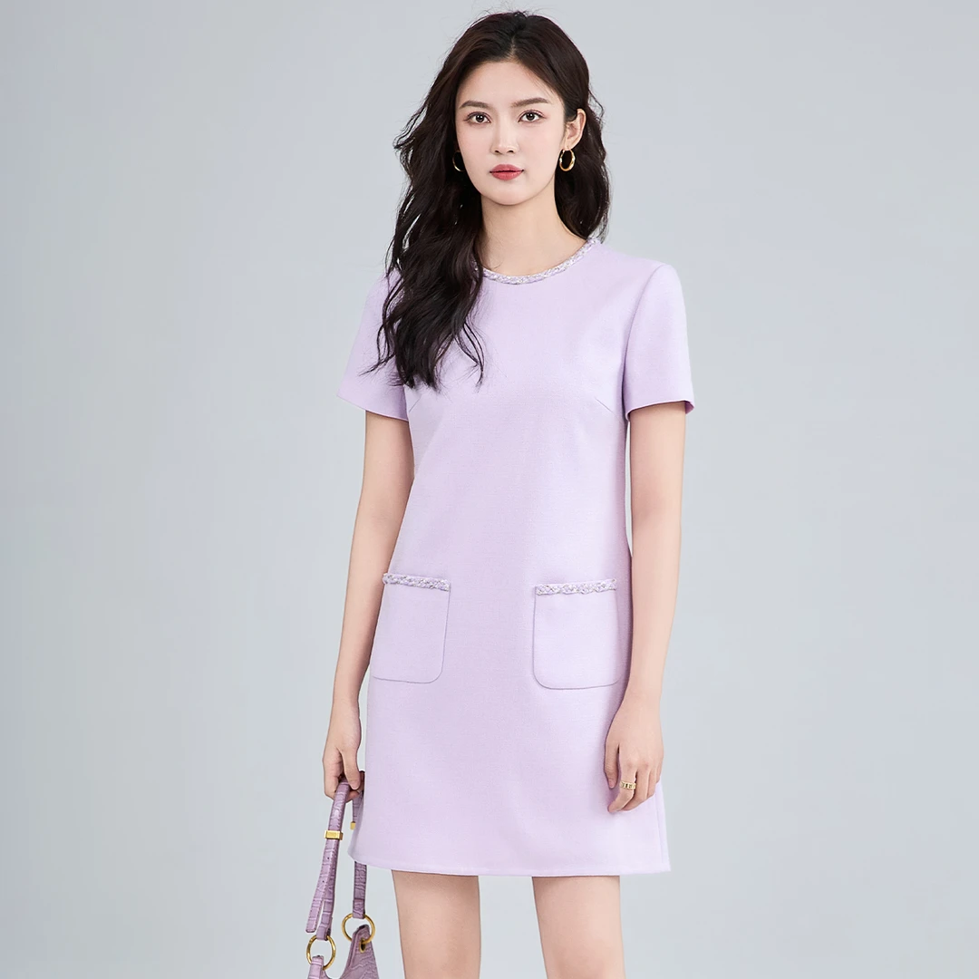 法式短袖秋季小香风紫色连衣裙女2025修身简约通勤圆领百搭A字裙