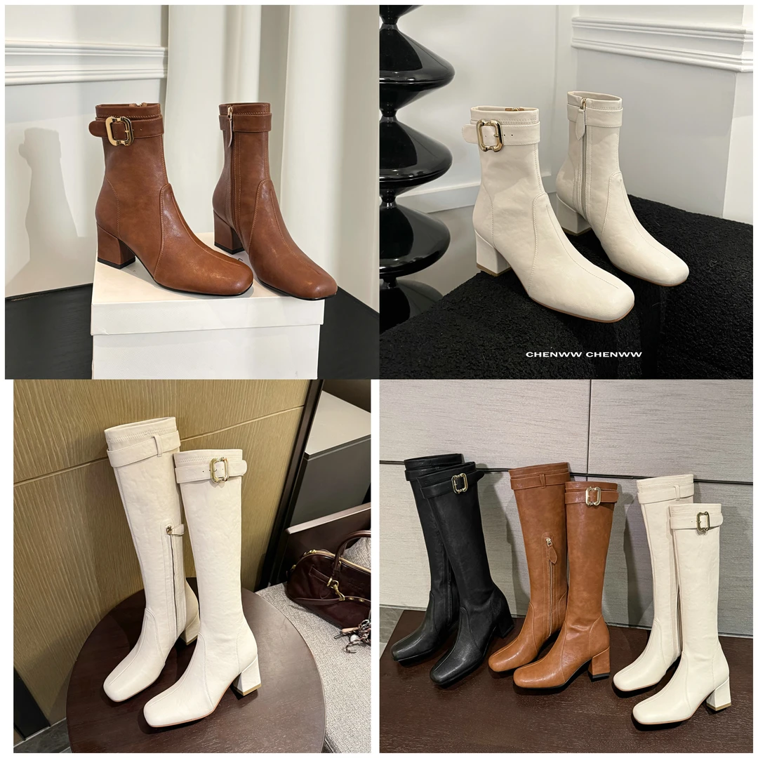 【CHENWW】缪系同款时装靴瘦瘦靴秋冬长筒靴短靴女粗跟方头显瘦显高
