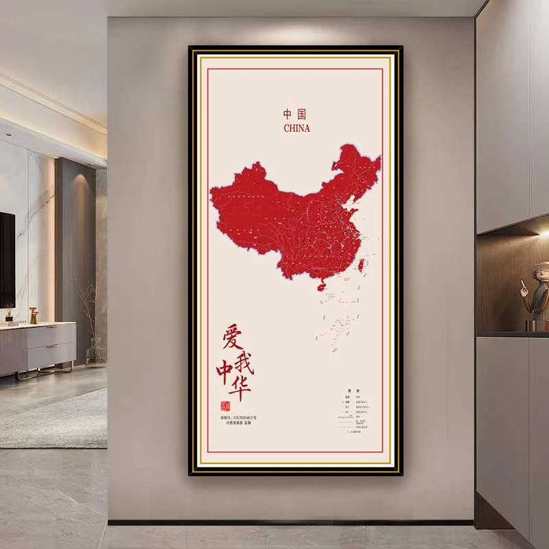 简约现代中国红色地图LED灯玻璃挂画玄关过道走廊客厅背景墙办公