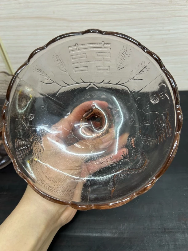 当代玻璃龙凤高足盘