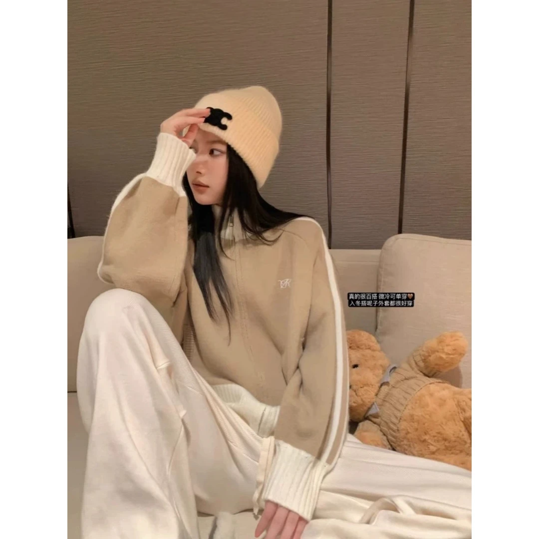 美式撞色长袖立领毛衣外套女2025秋冬新款宽松棒球服开衫拉链上衣