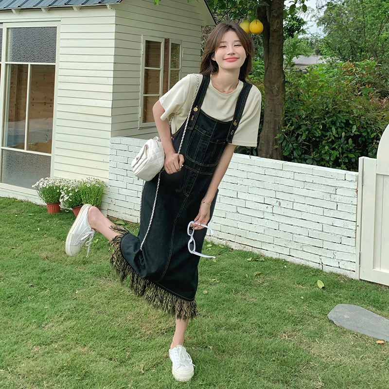 韩系多巴胺牛仔背带裙女套装2024夏季新款高级感复古连衣裙两件套