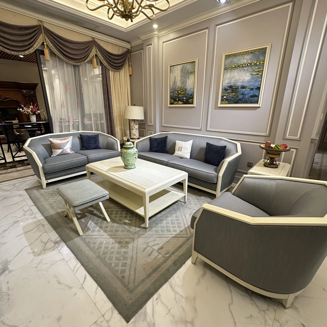 (FY2007)奥克维尔全原木客厅简约123组合成套棉麻布沙发桃花心木