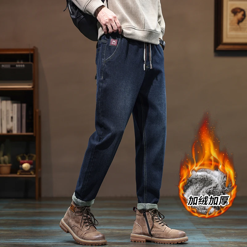 2025冬季牛仔裤男款加绒加厚羊羔绒裤子冬季裤子新款松紧腰棉裤男