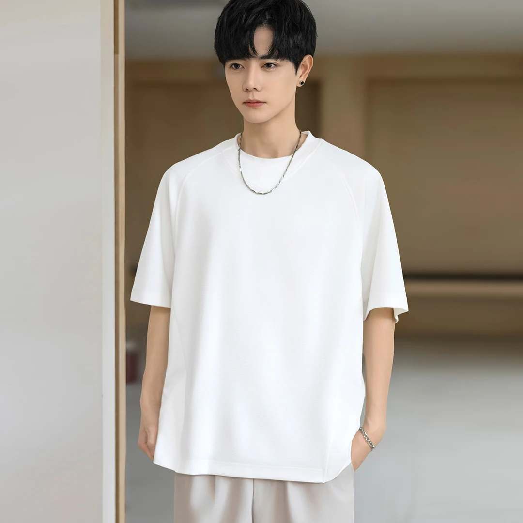 重磅圆领情侣t恤2025夏季休闲纯色半袖潮流时尚简约百搭上衣男装