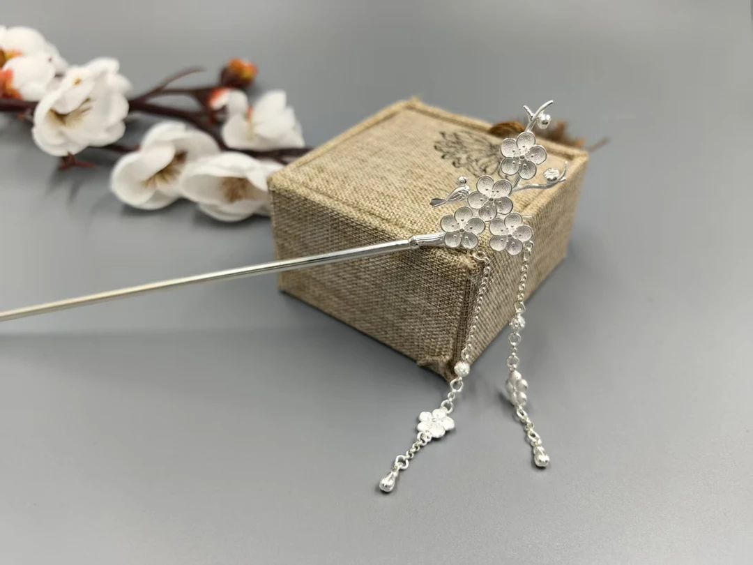 足银银制品 足银发簪  足银990拉丝梅花流苏发簪轻奢精美小众款
