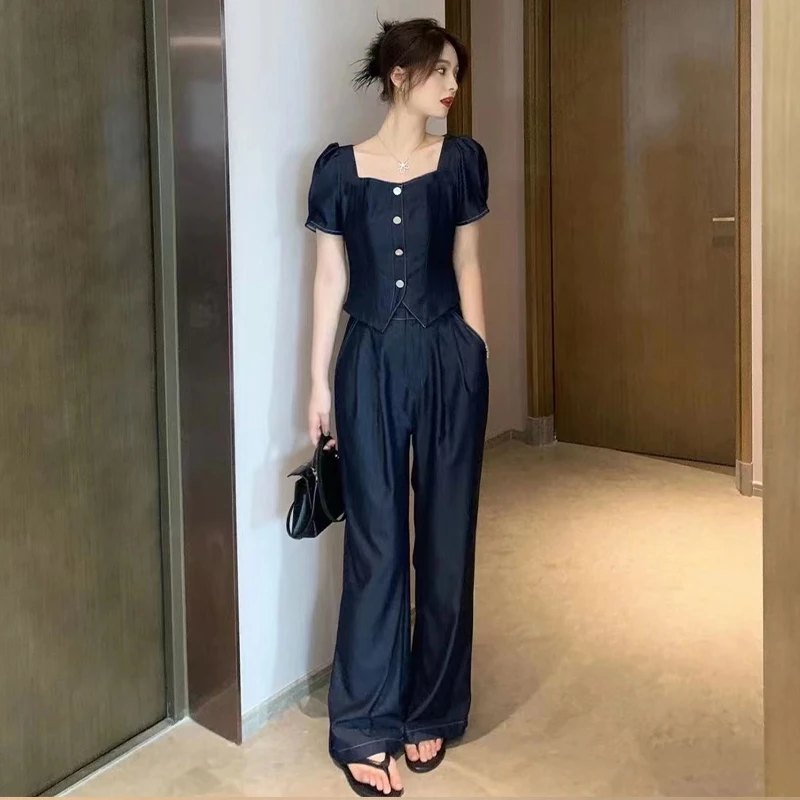 休闲简约套装女2025年夏季新款宽松减龄短袖上衣阔腿裤两件套潮