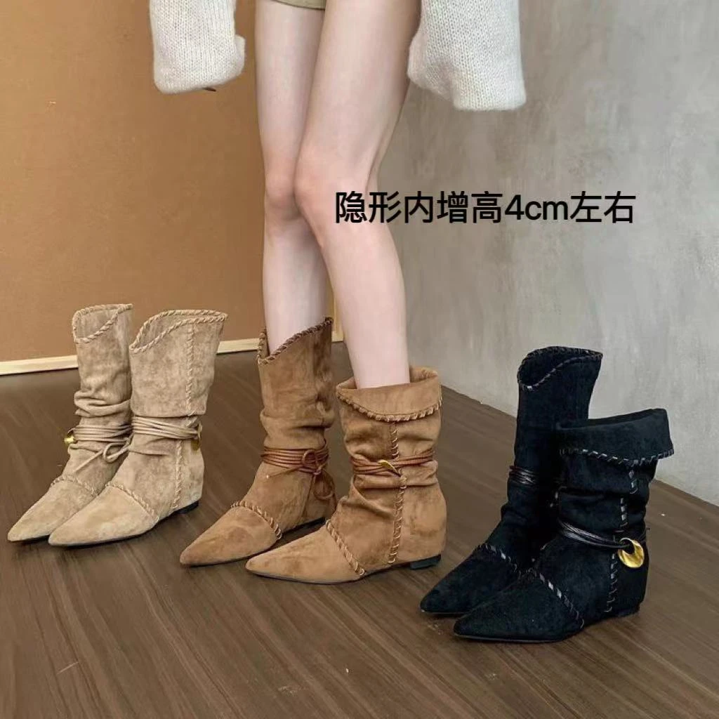 琥珀流金~法式内增高尖头堆堆中筒靴子女2025秋季新款西部牛仔靴