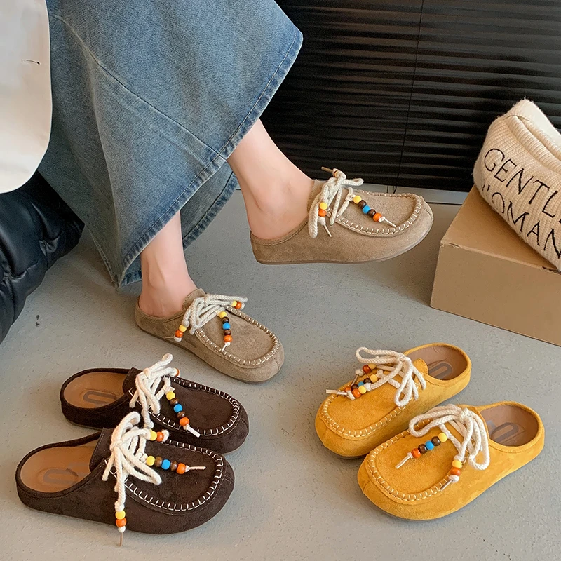 爆款复古包头勃肯鞋女2025秋季新款百搭一脚蹬串珠厚底休闲半拖鞋